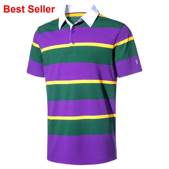 Long Sleeve Striped Polo Shirt Cotton Blend Spandex Dry Fit Casual